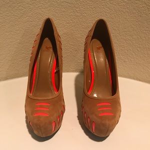 Faux Suede Pumps with Neon Red/Orange